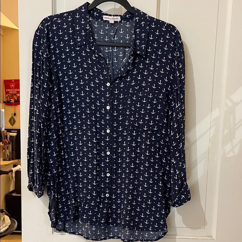 Navy Blue Anchor Print Women's Top